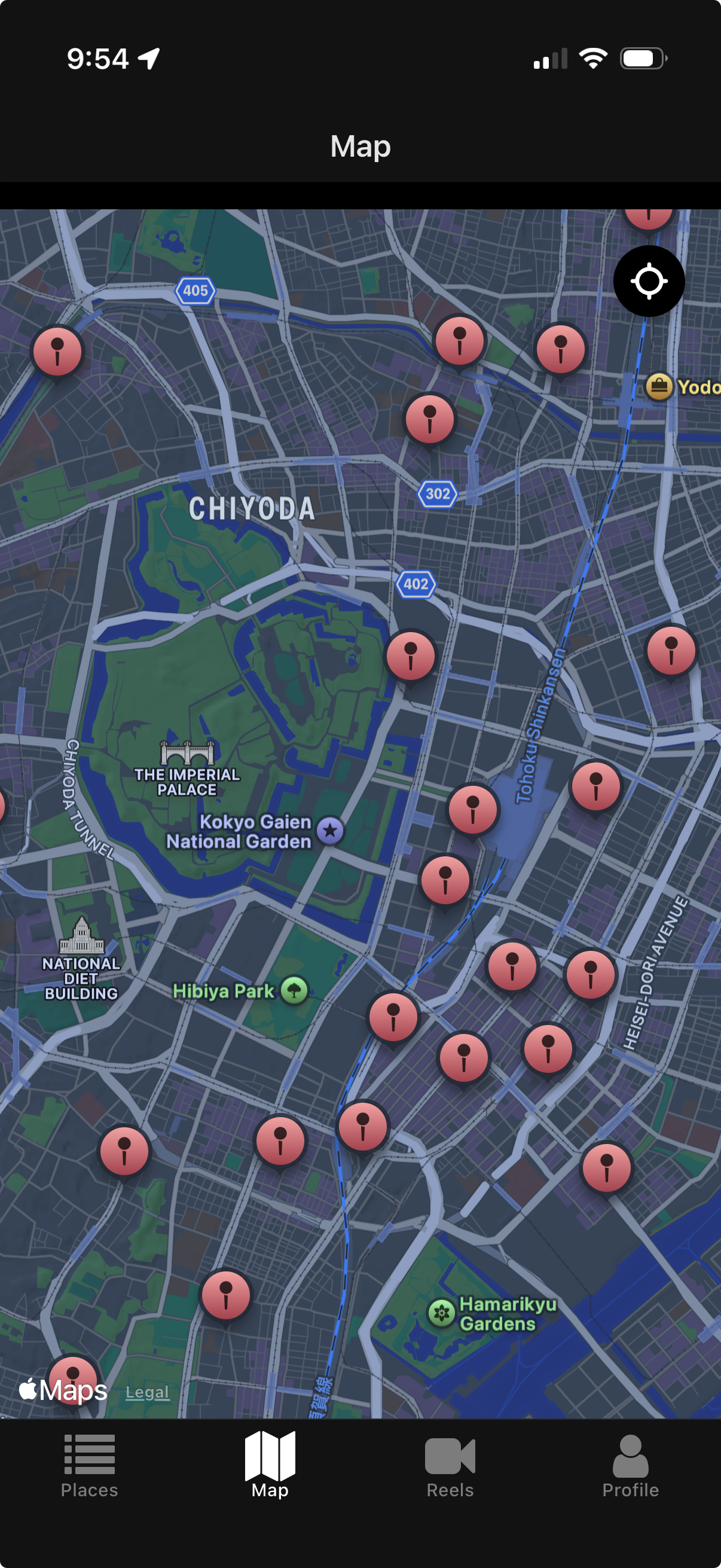 Map view of Tokyo showing multiple saved places with pins